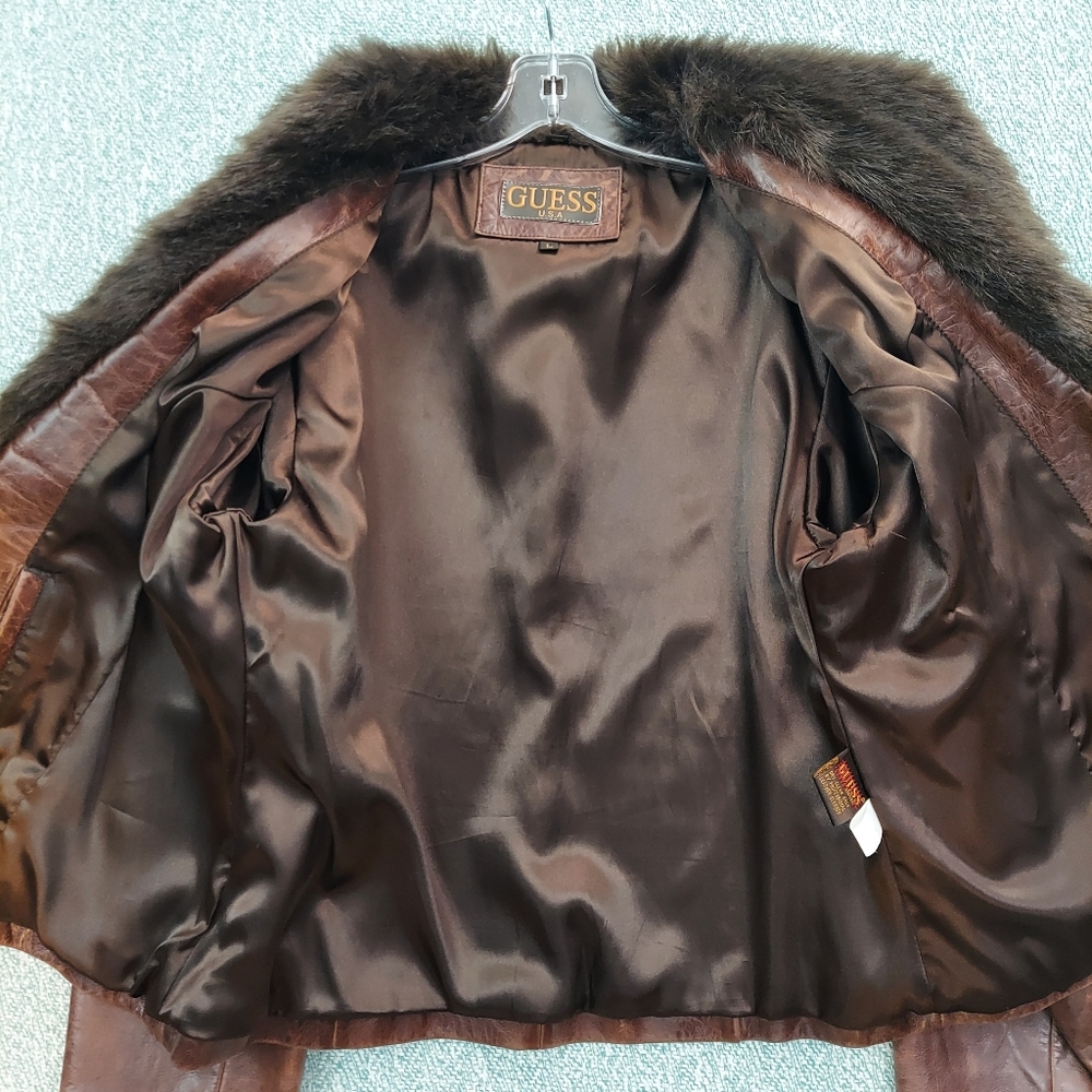 Guess Brown Leather Jacket with Faux Fur Collar - Picture 6 of 15